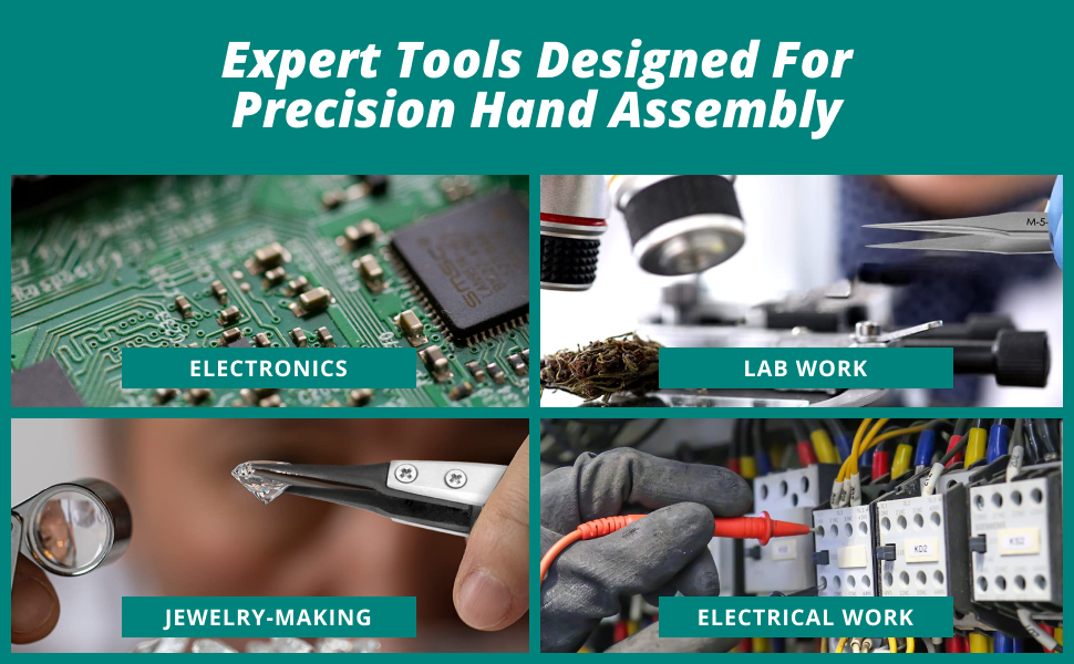 Excelta - variety of tools, including tweezers, cutters, pliers, wire strippers, and scissors