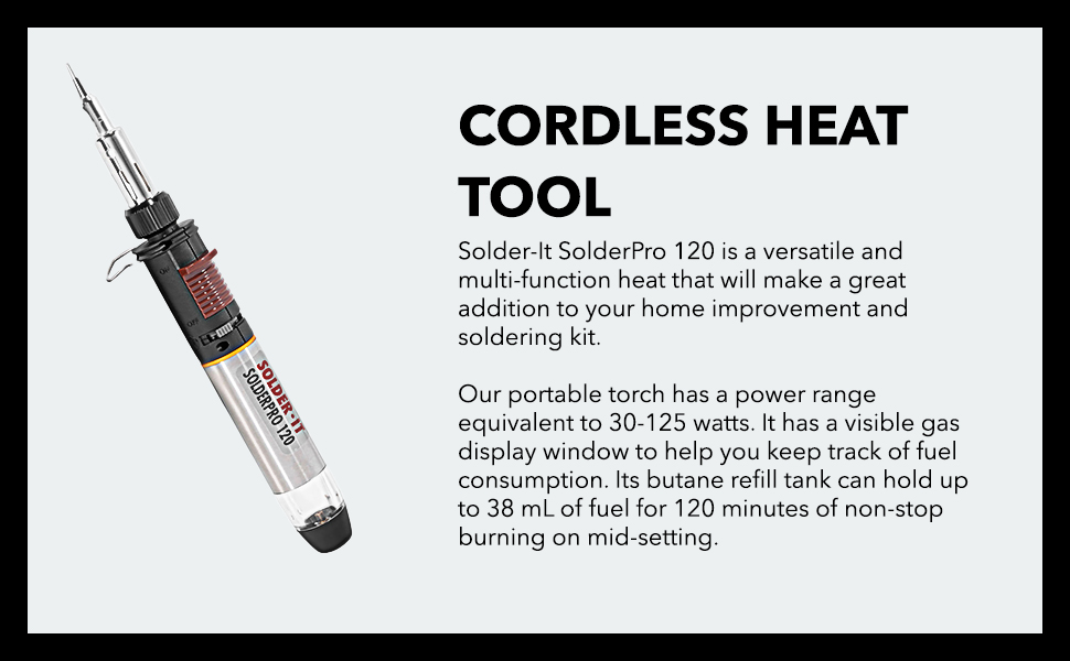 Short description of the Solder-It SolderPro 120 next to an image of the product