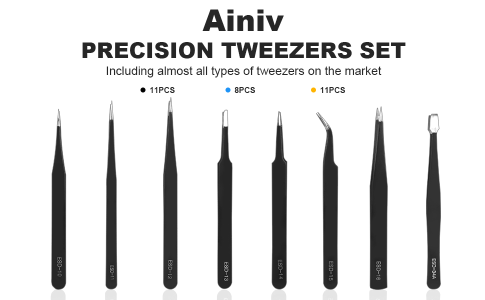 Precision Tweezers Set,Anti-Static ESD Tweezers Set, Non-Magnetic Stainless Steel Curved Tweezers 