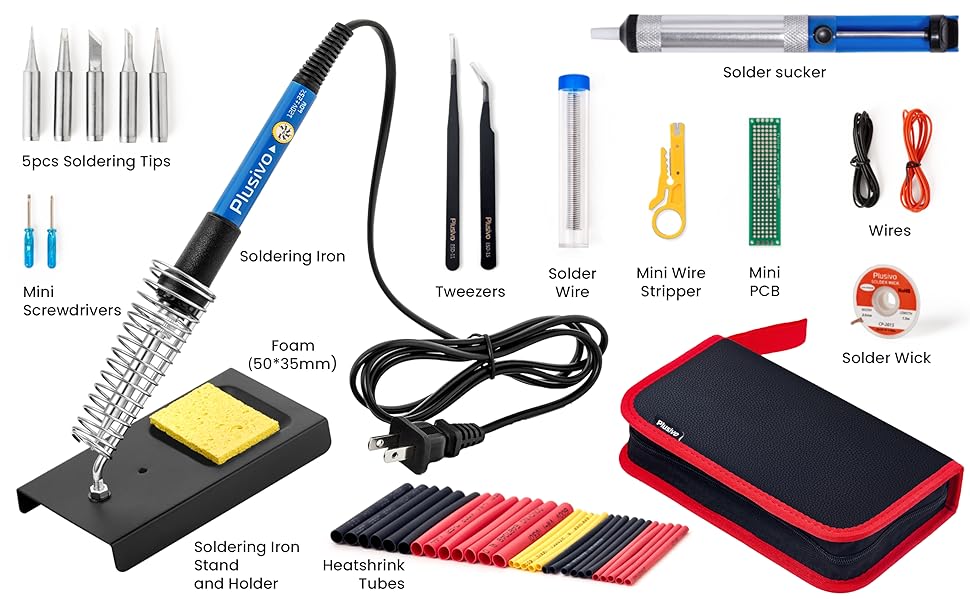 Soldering iron kit with stand, tips, tweezers, wick, user guide