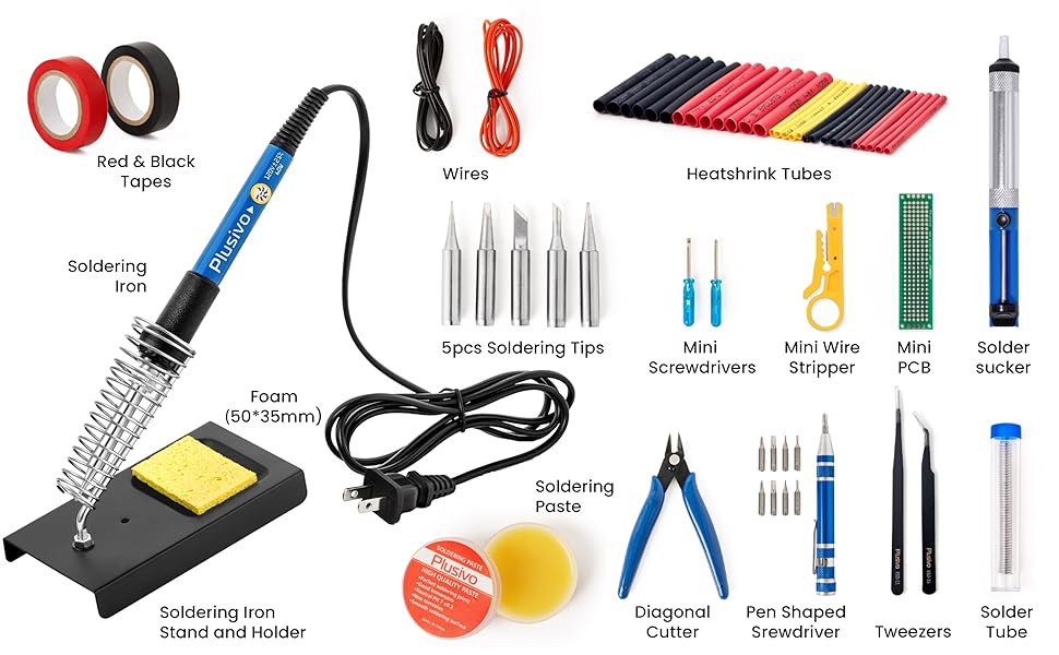 soldering iron kit with diagonal cutter, stand, tips, pump, user guide, penshaped screwdriver