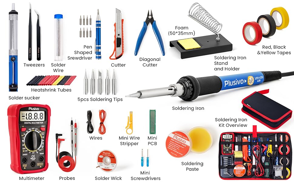 soldering iron kit with multimeter, stand, tips, pump, user guide, cutter