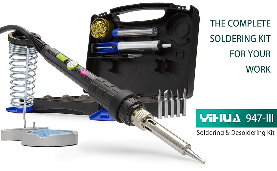 temperature-controlled soldering iron with essential soldering & desoldering tools and accessories.