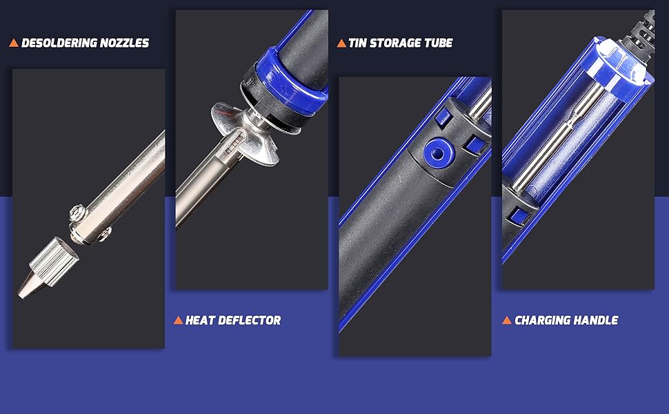 A solder sucker with desoldering nozzles,heat deflector,tin storage tube and short charging handle.