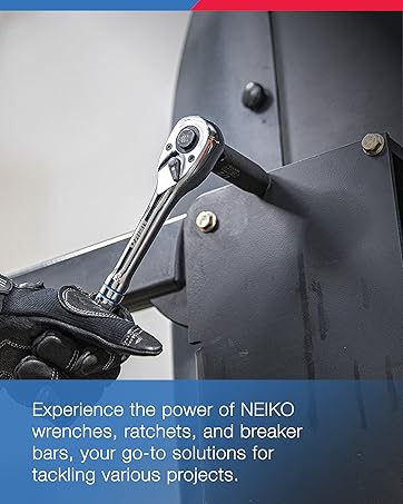 A person using a wrench on a machine. Text reads: NEIKO wrenches, ratchets, and breaker bars.