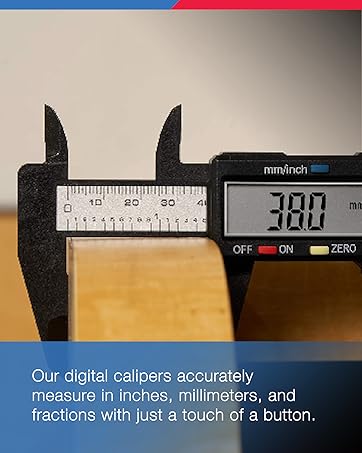 A digital caliper on a wooden table. Text reads: Our calipers measure accurately.