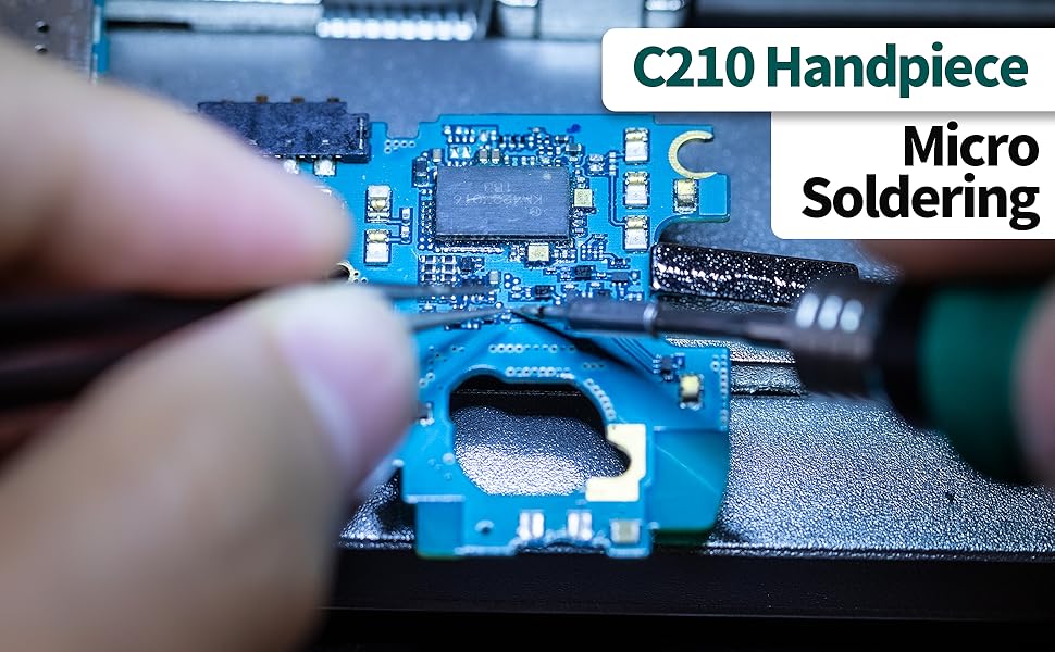 A man is using the C210 soldering cartridge to repair super-thin SMD circuit boards