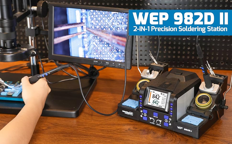 A man solder SMD component with WEP 982D-II 2-in-1 precision soldering station