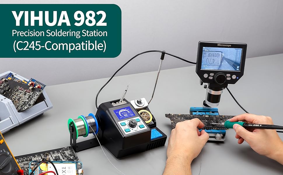 A man is using the YIHUA 982 for precision soldering