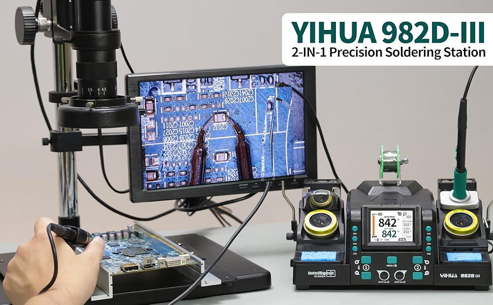 A man is using the YIHUA 982D-III to soldering circuit board